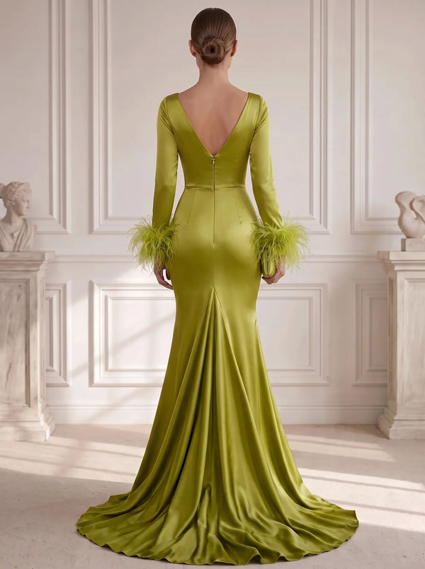A Line/Princesses Evening Dresses Ruched Satin V Neck Floor-Length Formal Dress Long Sleeves With Feather