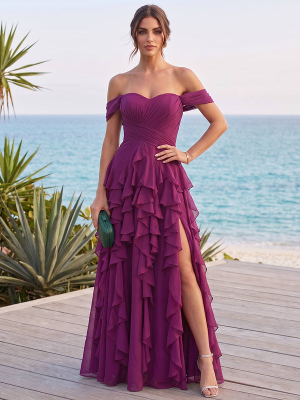 A Line/Princesses Evening Dresses Ruffled Chiffon Off The Shoulder Sleeveless Tiered Pleated Floor-Length Summer Party Dress With High Slit