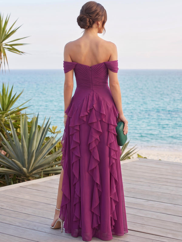 A Line/Princesses Evening Dresses Ruffled Chiffon Off The Shoulder Sleeveless Tiered Pleated Floor-Length Summer Party Dress With High Slit