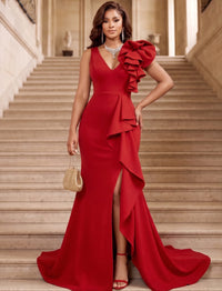 Mermaid/Trumpet Formal Evening Dresses Floor Length V Neck Floor-Length With Tiered Ruffles Slit