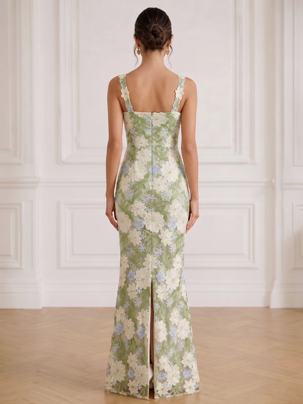 Sheath/Column Formal Dresses Elegant Floral Embroidery Floor-Length Sleeveless Square Neck Zipper Back Slit Wedding Guest Dresses