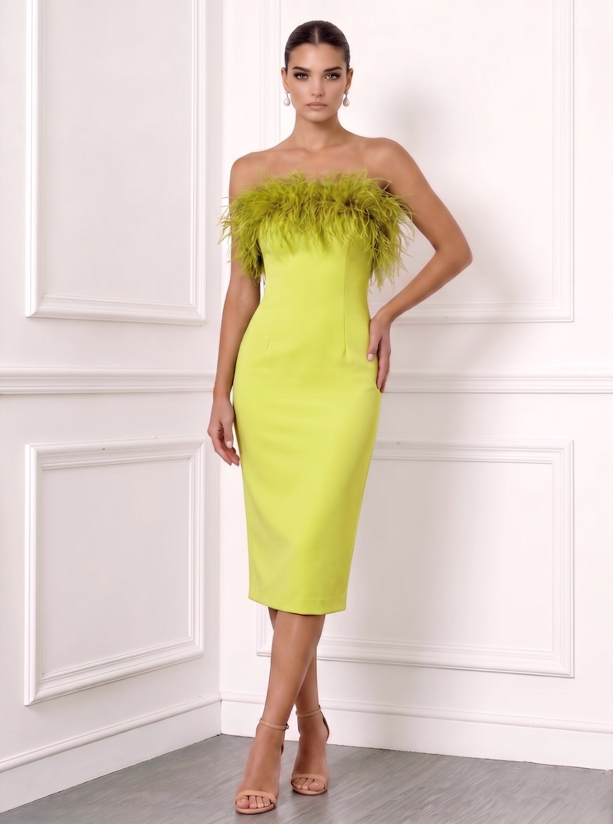 Sheath/Column Cocktail Party Dress Strapless Sleeveless Ankle Length Feather Dress