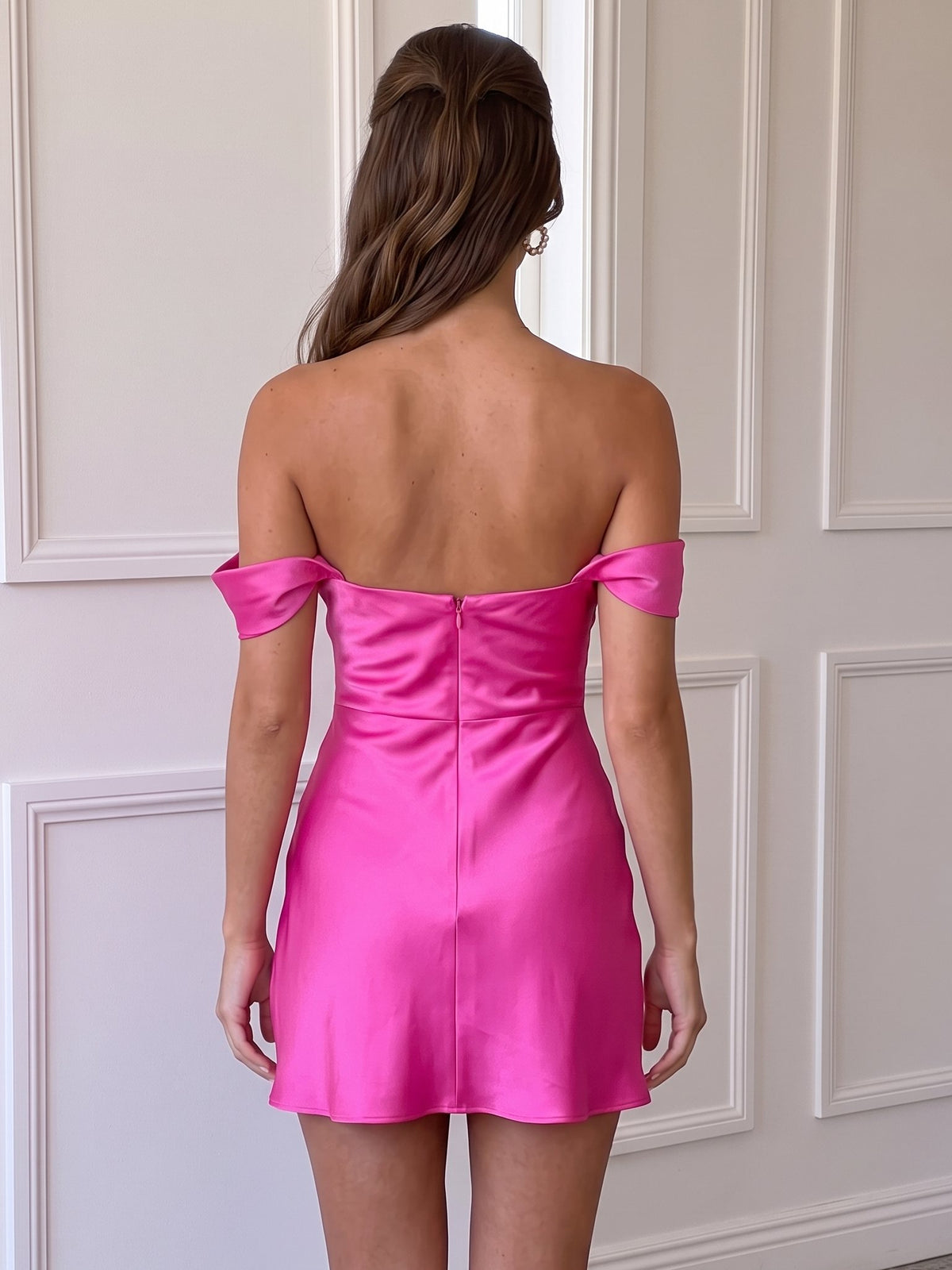 Sheath/Column Homecoming Dresses Satin Hot Pink Off The Shoulder Sleeveless Short/Mini Summer Party Dress