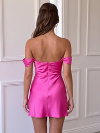 Sheath/Column Homecoming Dresses Satin Hot Pink Off The Shoulder Sleeveless Short/Mini Summer Party Dress