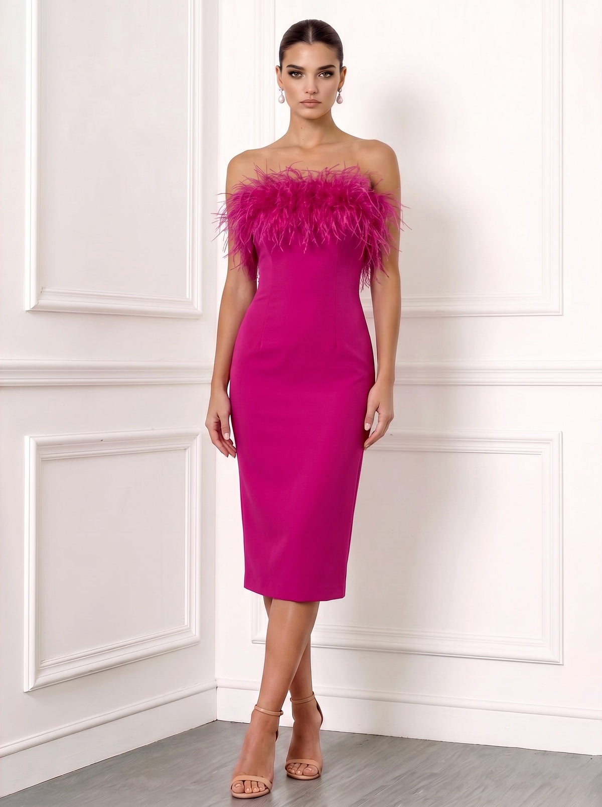 Sheath/Column Cocktail Party Dress Strapless Sleeveless Ankle Length Feather Dress