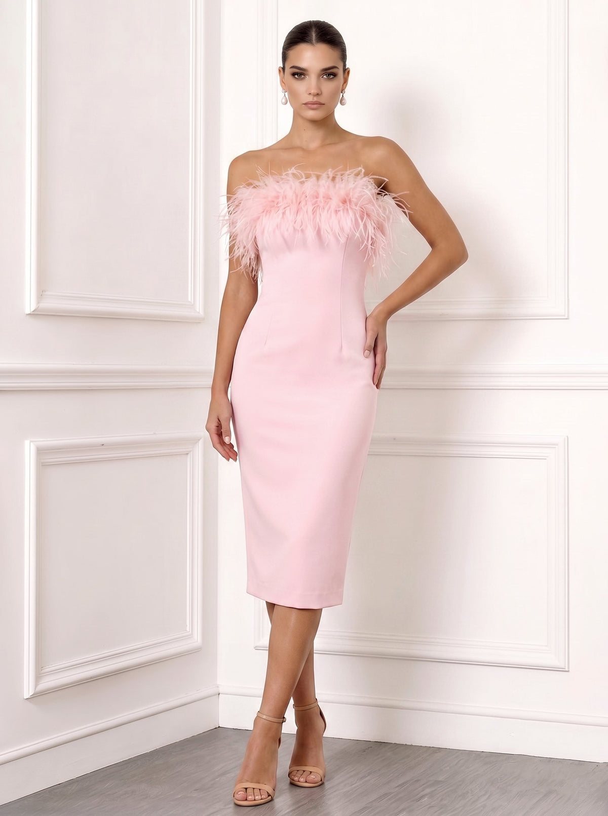 Sheath/Column Cocktail Party Dress Strapless Sleeveless Ankle Length Feather Dress