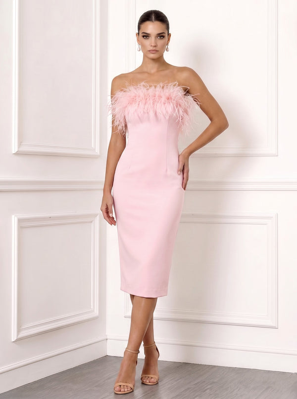Sheath/Column Cocktail Party Dress Strapless Sleeveless Ankle Length Feather Dress