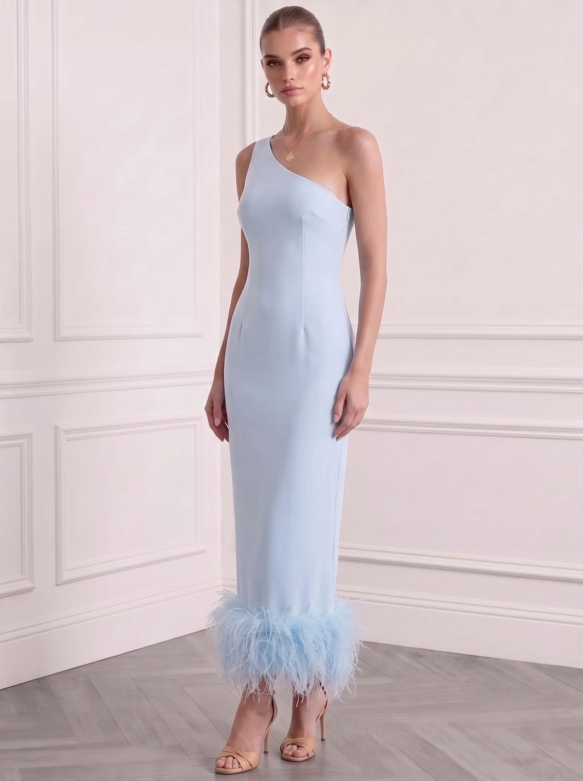 Sheath/Column Cocktail Party Dress One-Shoulder Sleeveless Ankle Length Feather Dress
