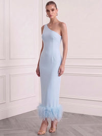 Sheath/Column Cocktail Party Dress One-Shoulder Sleeveless Ankle Length Feather Dress