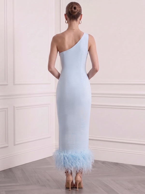 Sheath/Column Cocktail Party Dress One-Shoulder Sleeveless Ankle Length Feather Dress