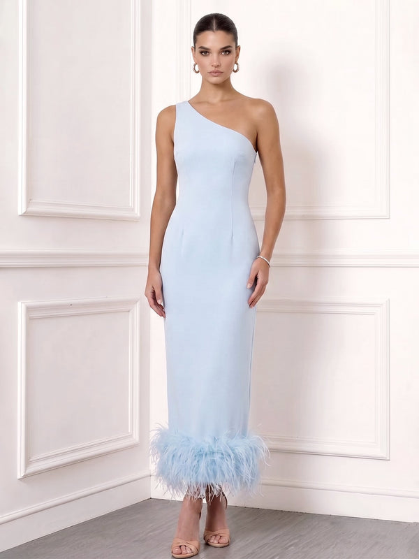 Sheath/Column Cocktail Party Dress One-Shoulder Sleeveless Ankle Length Feather Dress