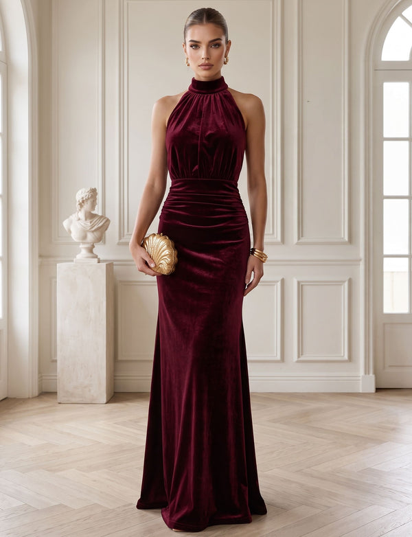Sheath Evening Gown Elegant Dress Formal  Floor Length Sleeveless Velvet Christmas Halter Neck
