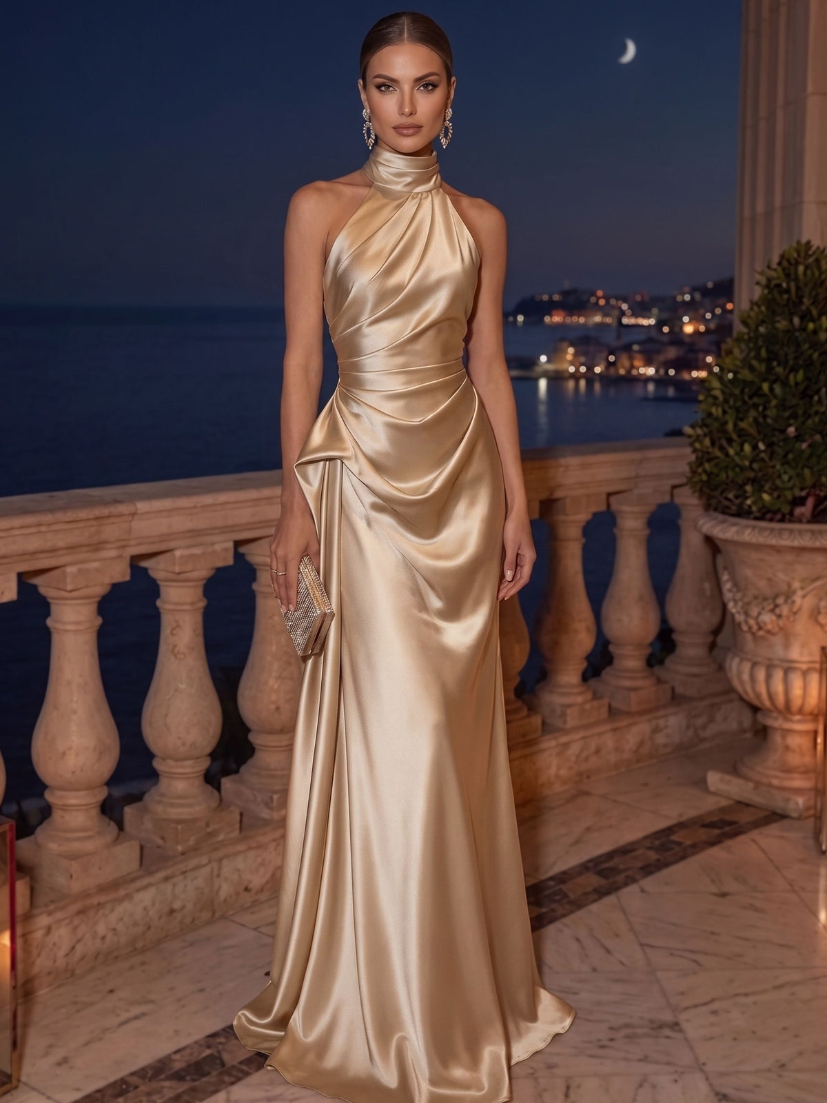 Sheath/Column Evening Dress Satin Halter Neck Champagne Sleeveless Floor Length Runched Formal Wedding Guest Dress With Side Drape