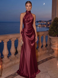 Sheath/Column Evening Dress Satin Halter Neck Christmas Sleeveless Floor Length Runched Formal Wedding Guest Dress With Side Drape