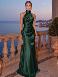 Sheath/Column Evening Dress Satin Halter Neck Christmas Sleeveless Floor Length Runched Formal Wedding Guest Dress With Side Drape