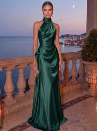 Sheath/Column Evening Dress Satin Halter Neck Christmas Sleeveless Floor Length Runched Formal Wedding Guest Dress With Side Drape