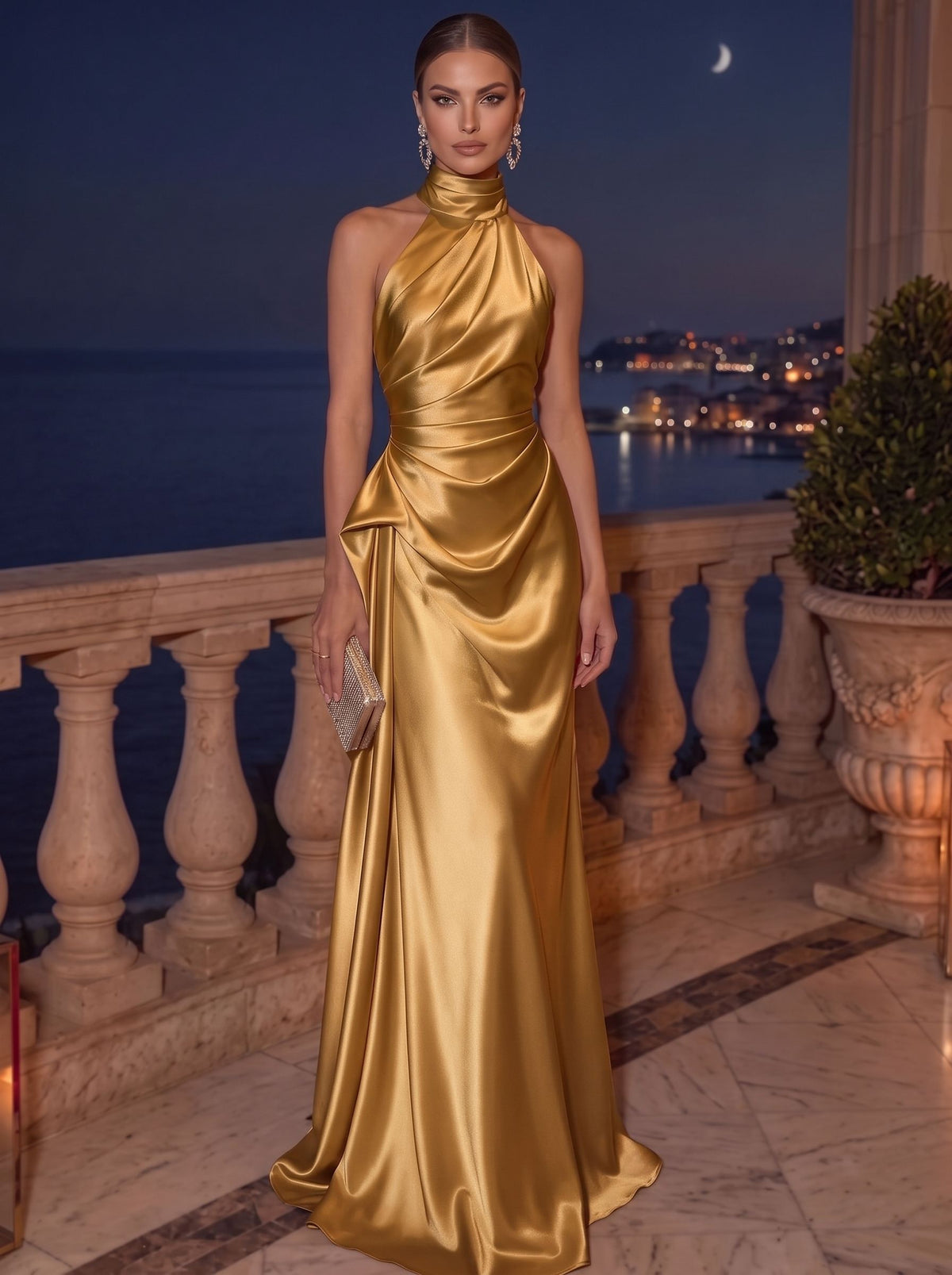 Sheath/Column Evening Dress Satin Halter Neck Christmas Sleeveless Floor Length Runched Formal Wedding Guest Dress With Side Drape