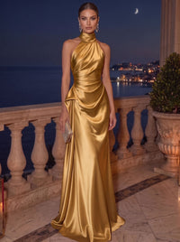 Sheath/Column Evening Dress Satin Halter Neck Christmas Sleeveless Floor Length Runched Formal Wedding Guest Dress With Side Drape