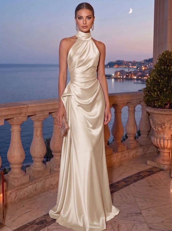 Sheath/Column Evening Dress Satin Halter Neck Christmas Sleeveless Floor Length Runched Formal Wedding Guest Dress With Side Drape