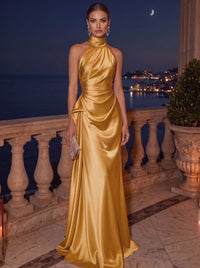 Sheath/Column Evening Dress Satin Halter Neck Christmas Sleeveless Floor Length Runched Formal Wedding Guest Dress With Side Drape