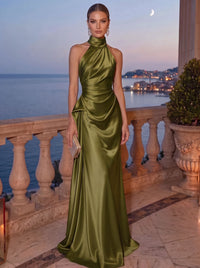 Sheath/Column Evening Dress Satin Halter Neck Christmas Sleeveless Floor Length Runched Formal Wedding Guest Dress With Side Drape