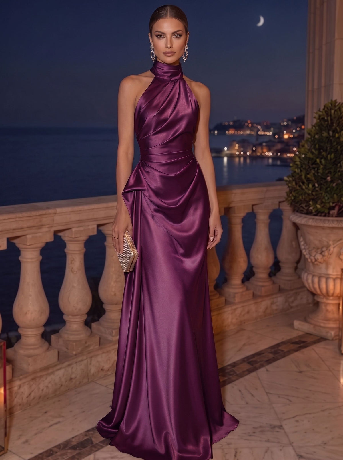 Sheath/Column Evening Dress Satin Halter Neck Christmas Sleeveless Floor Length Runched Formal Wedding Guest Dress With Side Drape