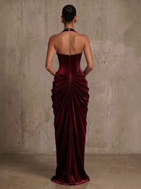 Sheath Evening Gown Elegant Dress Formal  Floor Length Sleeveless Velvet Christmas Halter Neck With High Slit