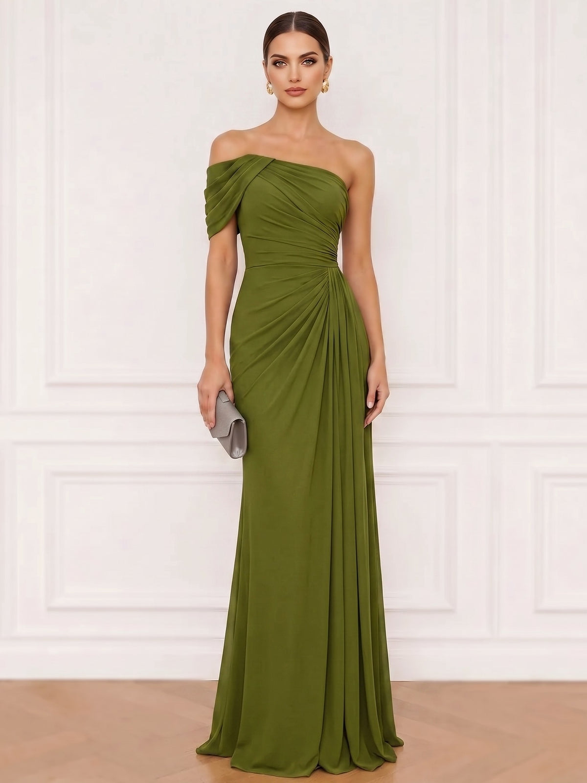 A-Line Formal Dresses Chiffon One Shoulder Floor-Length Sleeveless Runched Wedding Guest Dress