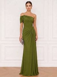 A-Line Formal Dresses Chiffon One Shoulder Floor-Length Sleeveless Runched Wedding Guest Dress