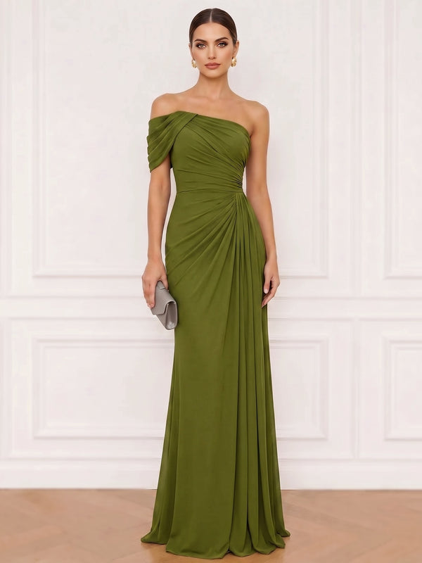 A-Line Formal Dresses Chiffon One Shoulder Floor-Length Sleeveless Runched Wedding Guest Dress