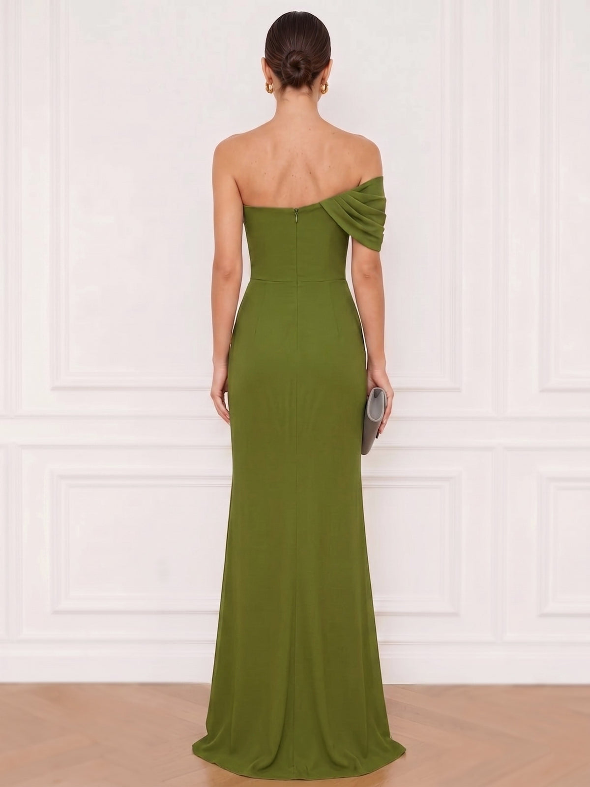 A-Line Formal Dresses Chiffon One Shoulder Floor-Length Sleeveless Runched Wedding Guest Dress