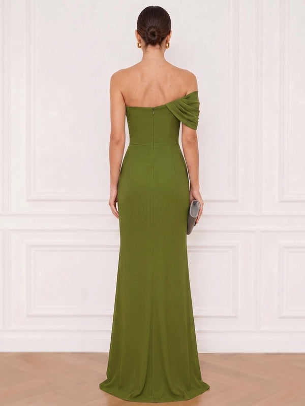 A-Line Formal Dresses Chiffon One Shoulder Floor-Length Sleeveless Runched Wedding Guest Dress