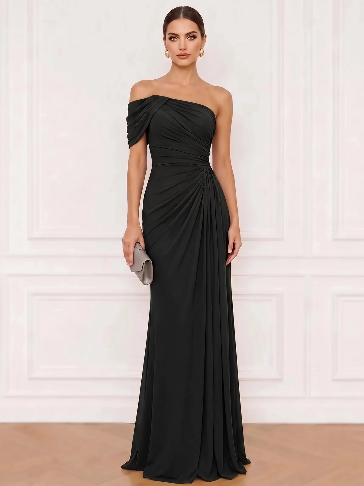 A-Line Formal Dresses Chiffon One Shoulder Floor-Length Sleeveless Runched Wedding Guest Dress