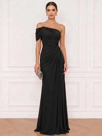 A-Line Formal Dresses Chiffon One Shoulder Floor-Length Sleeveless Runched Wedding Guest Dress