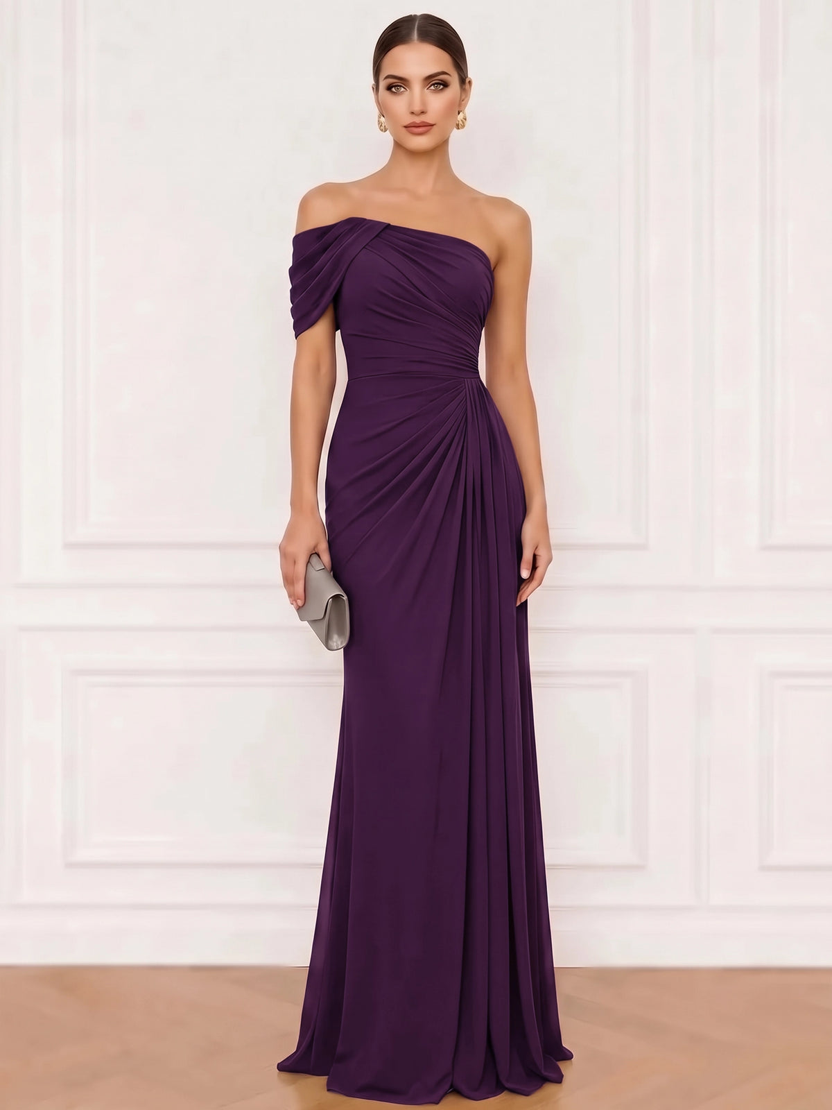 A-Line Formal Dresses Chiffon One Shoulder Floor-Length Sleeveless Runched Wedding Guest Dress