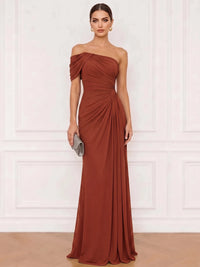 A-Line Formal Dresses Chiffon One Shoulder Floor-Length Sleeveless Runched Wedding Guest Dress