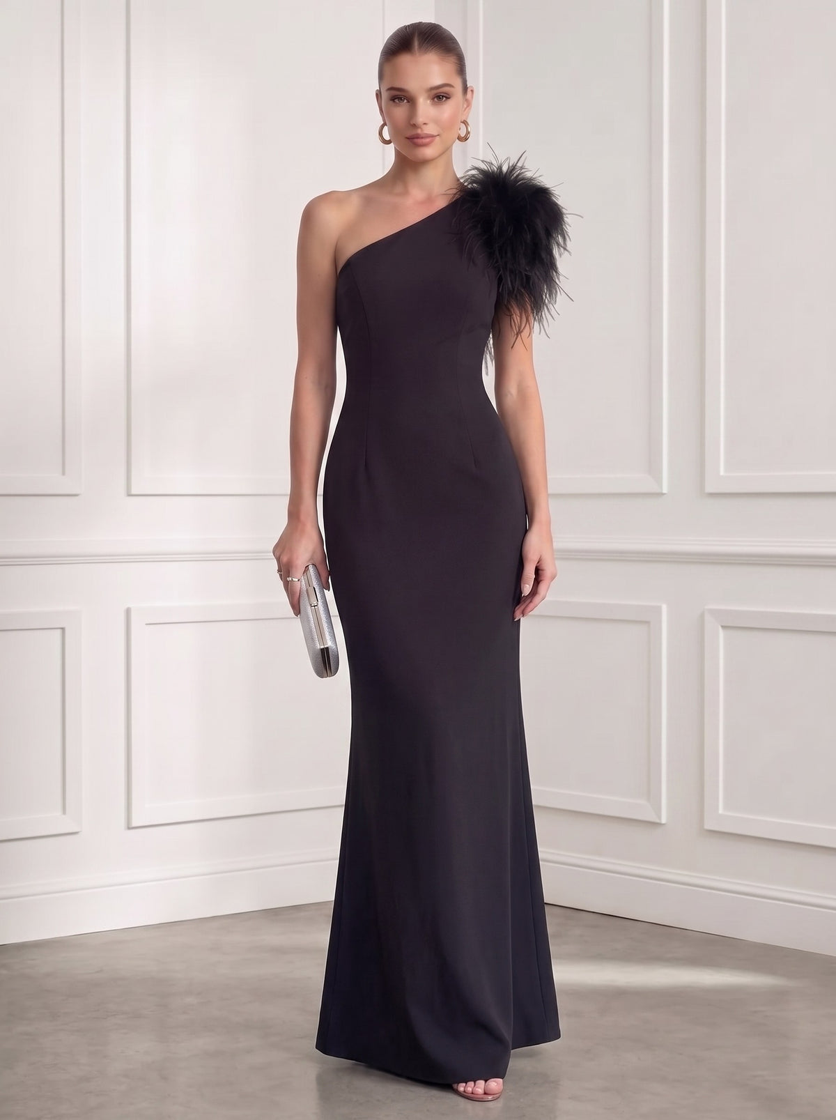 Mermaid/Trumpet Formal Evening Dress One Shoulder Sleeveless Floor Length Feather Fur Dress