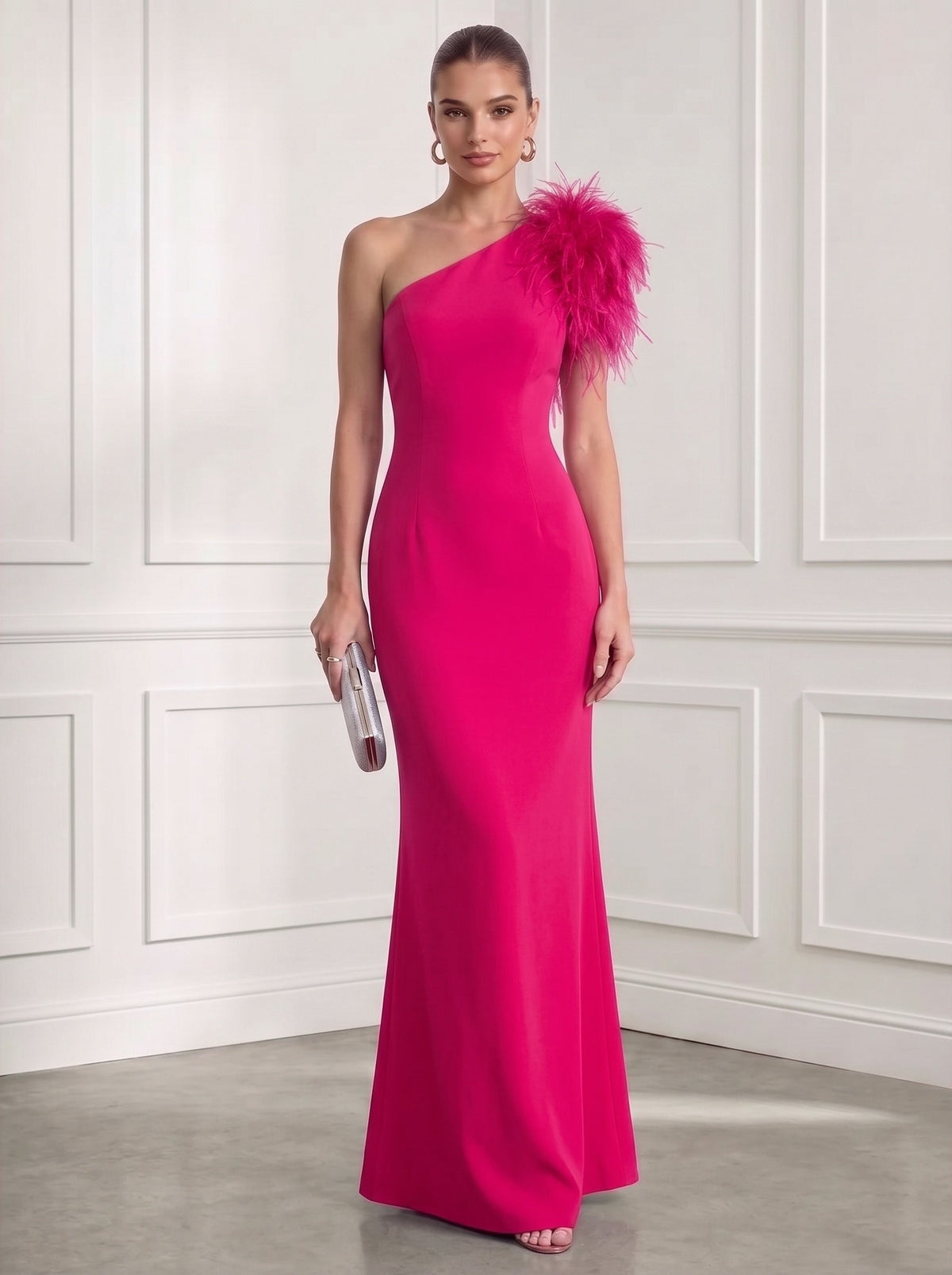Mermaid/Trumpet Formal Evening Dress One Shoulder Sleeveless Floor Length Feather Fur Dress