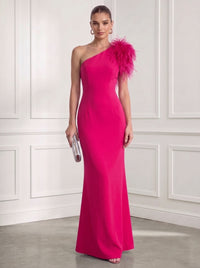 Mermaid/Trumpet Formal Evening Dress One Shoulder Sleeveless Floor Length Feather Fur Dress