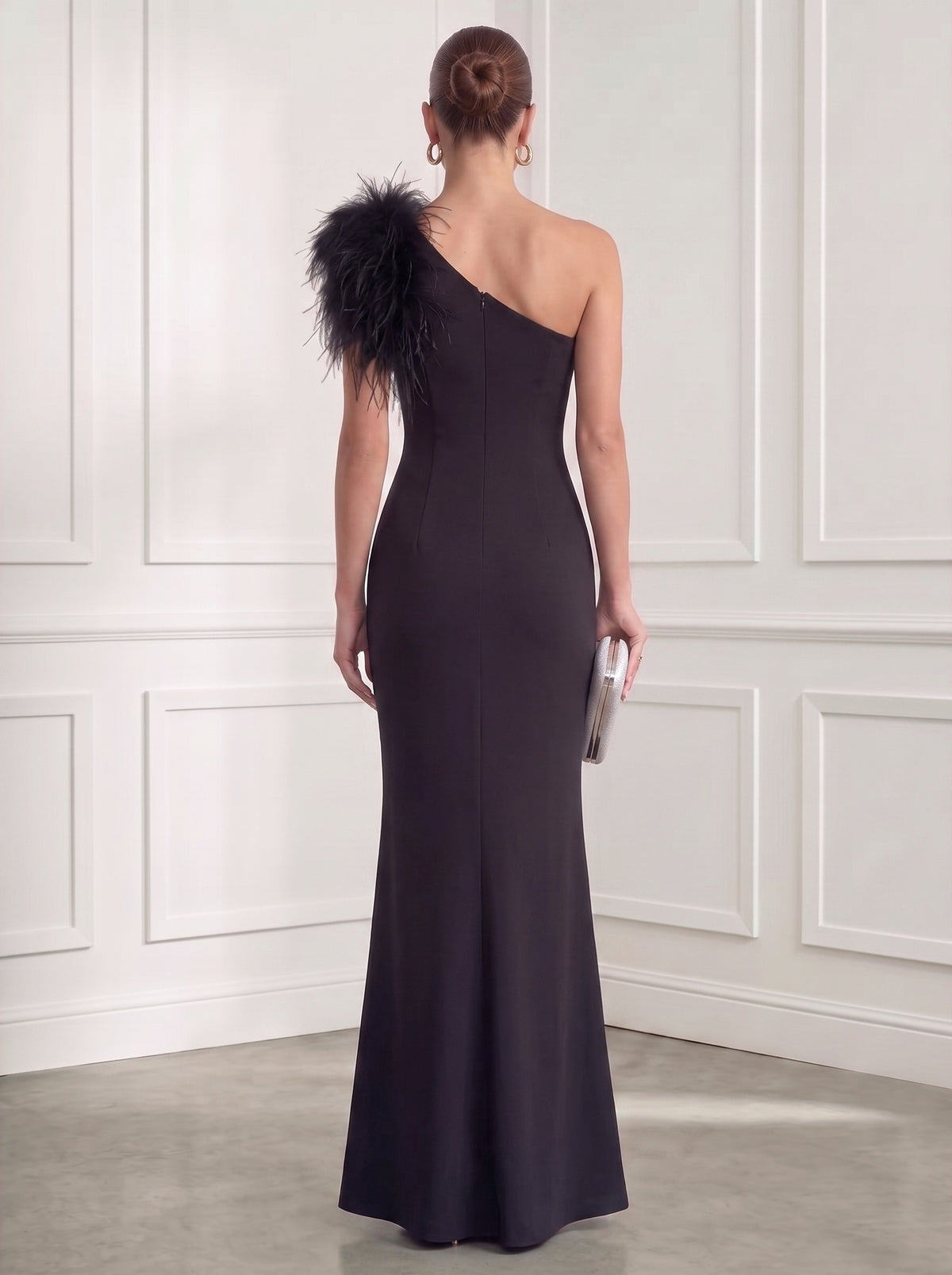Mermaid/Trumpet Formal Evening Dress One Shoulder Sleeveless Floor Length Feather Fur Dress