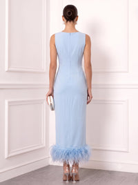 Sheath/Column Cocktail Party Dress Boat Neck Sleeveless Ankle Length Feather Dress