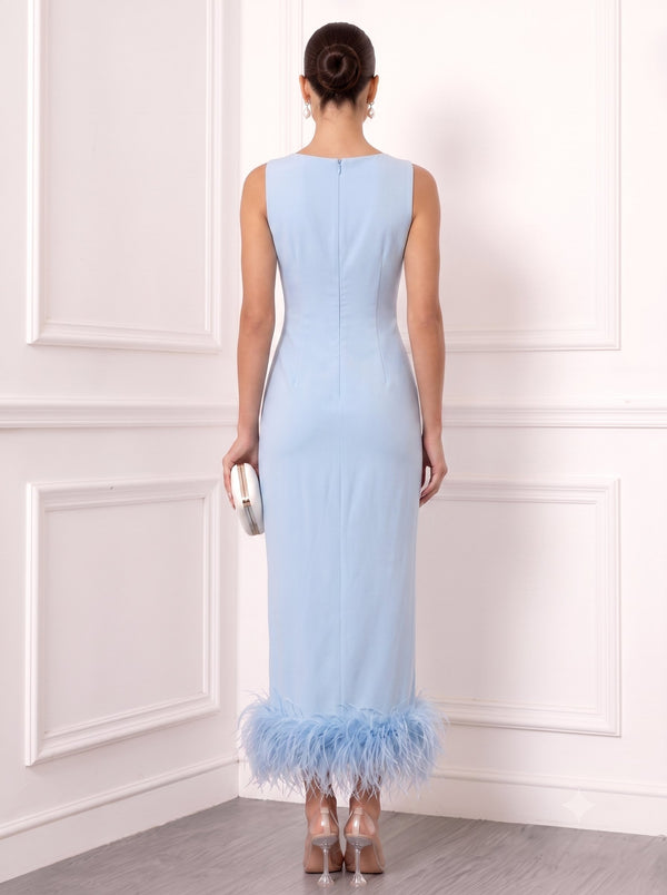 Sheath/Column Cocktail Party Dress Boat Neck Sleeveless Ankle Length Feather Dress