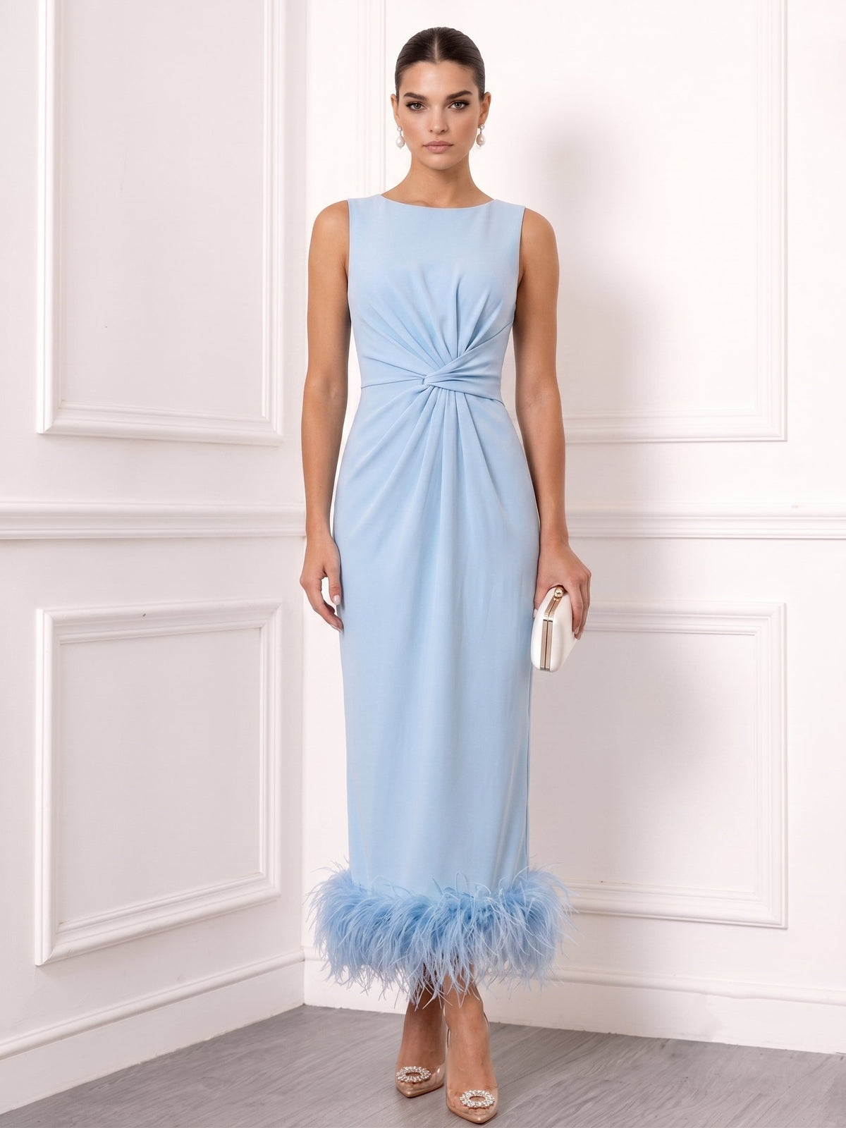 Sheath/Column Cocktail Party Dress Boat Neck Sleeveless Ankle Length Feather Dress