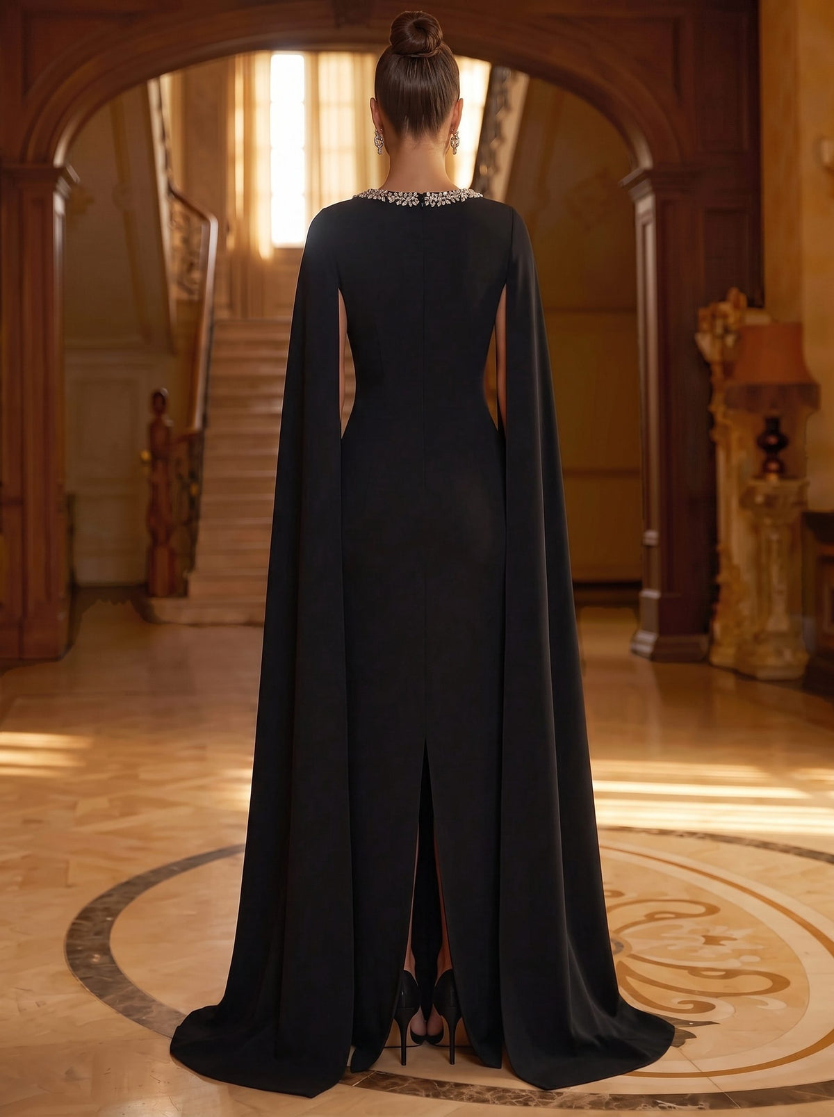 Sheath/Column Evening Formal Dress Square Neck Formal Black Tie Floor Length With Cape Crystal Rhinestone