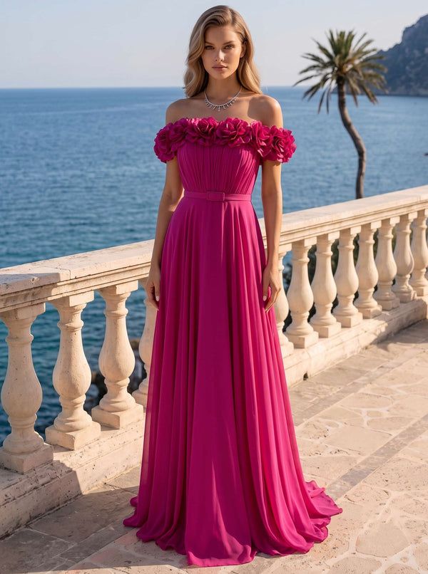 A Line/Princesses Formal Dress Chiffon 3D Floral Sleeveless Evening Dress Floor-Length Dress Off The Shoulder