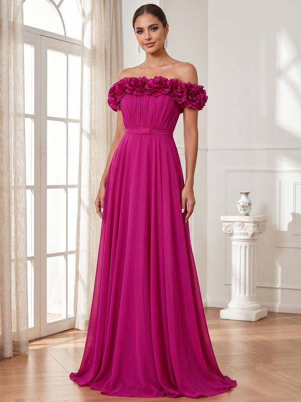 A Line/Princesses Formal Dress Chiffon 3D Floral Sleeveless Evening Dress Floor-Length Dress Off The Shoulder