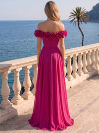 A Line/Princesses Formal Dress Chiffon 3D Floral Sleeveless Evening Dress Floor-Length Dress Off The Shoulder
