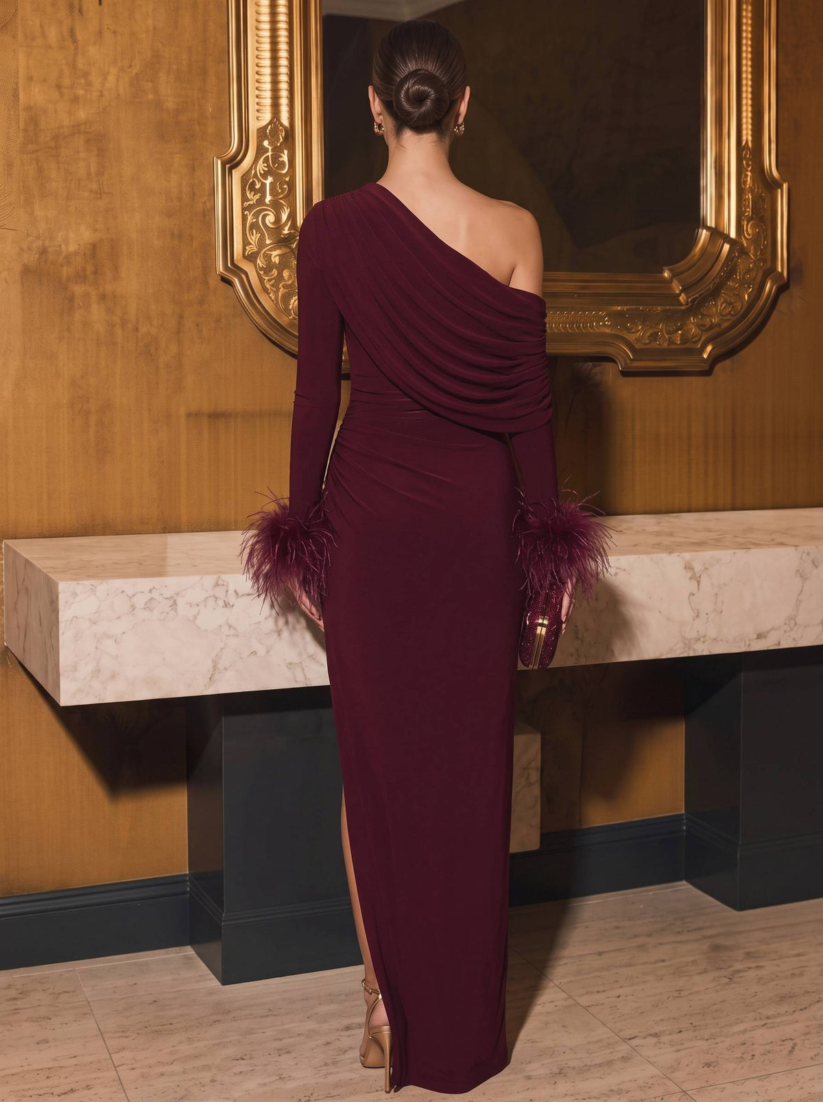 Sheath/Column Evening Formal Dress One Shoulder Formal Floor Length With Feather High Slit