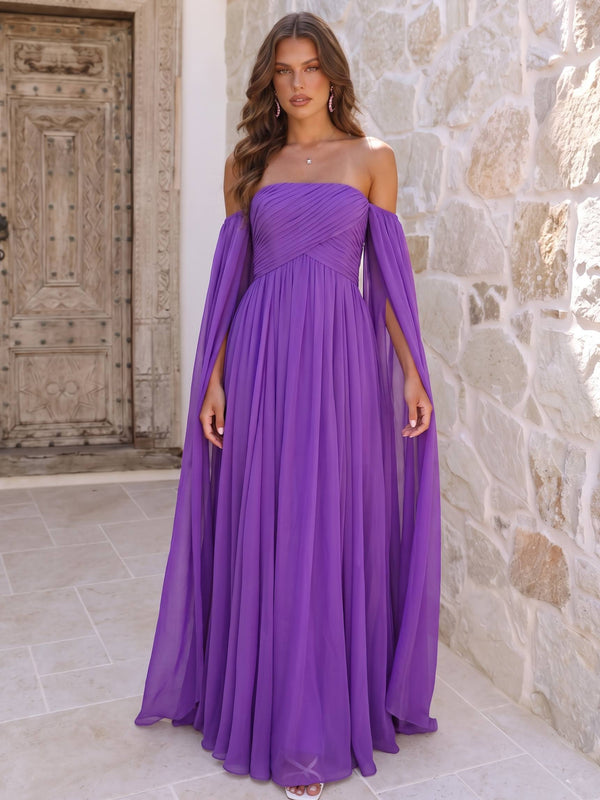 A-Line/Princess Evening Dresses Chiffon Off The Shoulder Sleeveless Floor-Length Wedding Guest Dresses With Cape