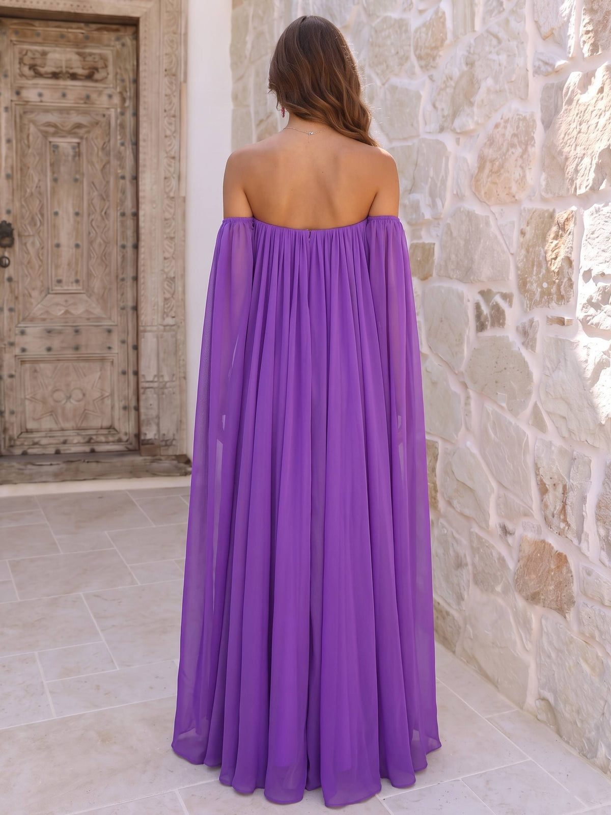 A-Line/Princess Evening Dresses Chiffon Off The Shoulder Sleeveless Floor-Length Wedding Guest Dresses With Cape